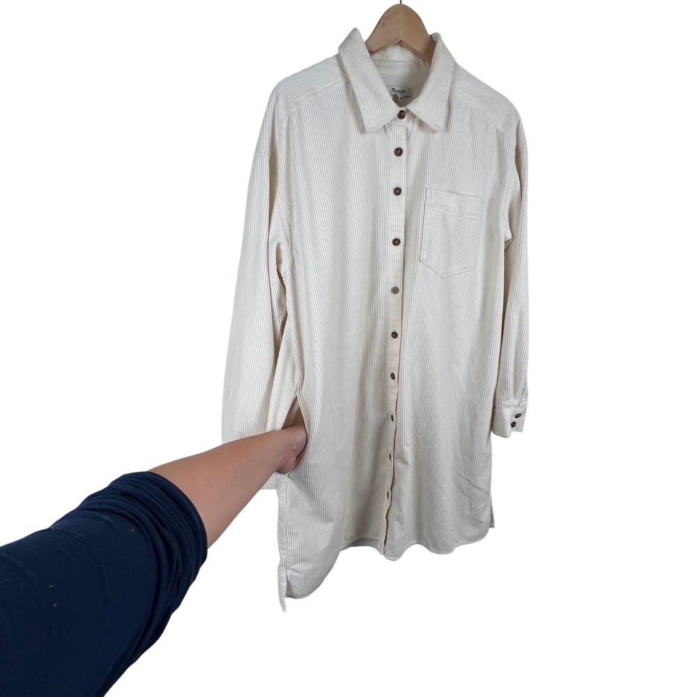 Madewell Cream Corduroy Button Down Shirt Dress Long Sleeve Pockets Womens L - Picture 6 of 11